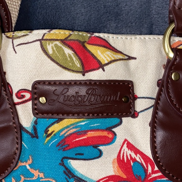 Lucky Brand Purse Boho Bag Floral Bird Butterfly Cotton LeatherSuede Trim Hippie - Picture 2 of 11